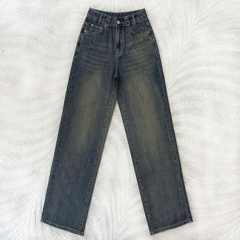 アメリカスタイル ハイウエストワイドレッグデニムパンツ