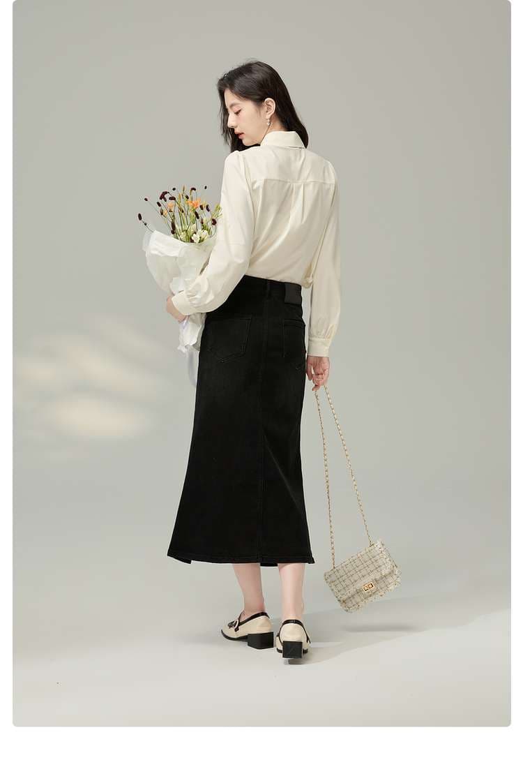 カジュアルスタイル　デニムマーメイド裾フリルスカート