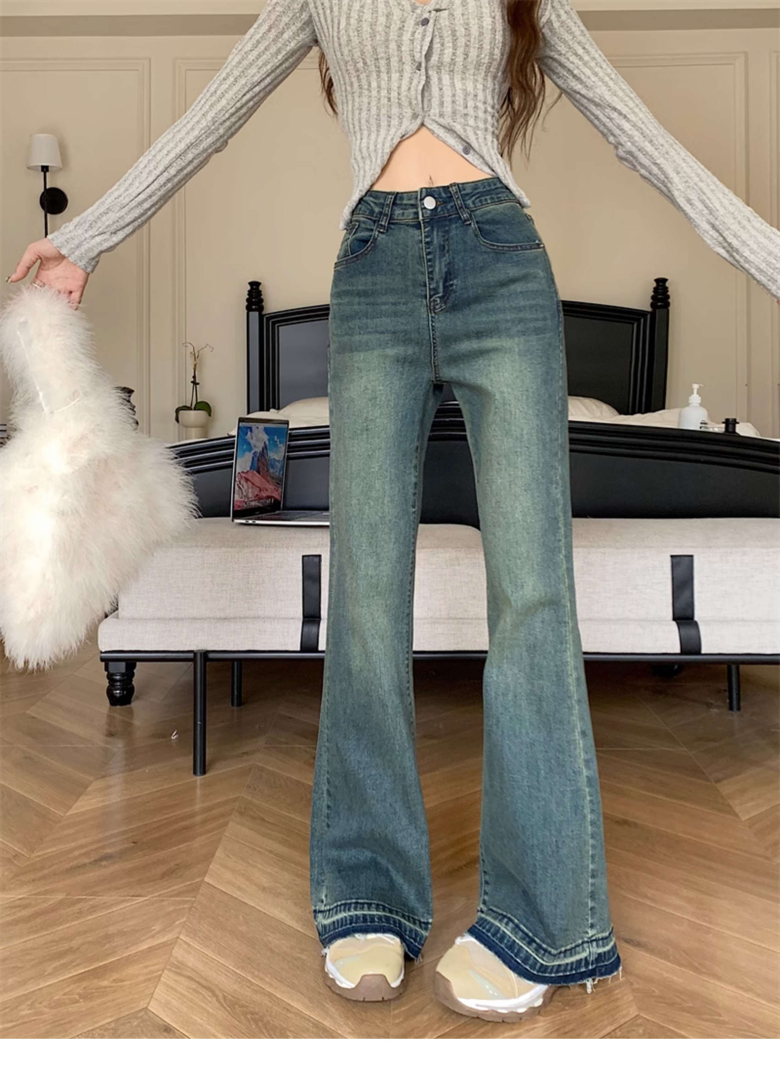 韓国スタイル レトロフレアデニム ハイウエストジーンズパンツ