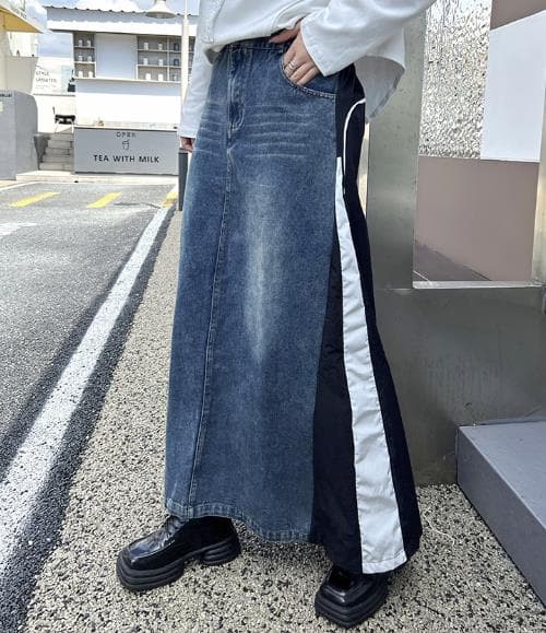 デニムスカート サイドライン デニム ロングスカート レディース 秋冬