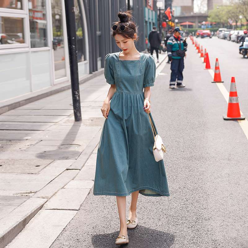 韓国スタイル エレガントパフスリーブデニムマキシワンピース