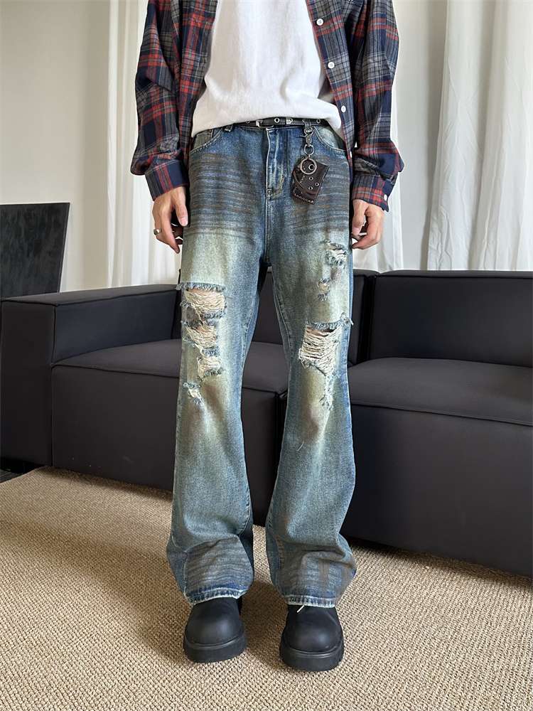 デニム  ダメージ加工ワイドストレートジーンズ