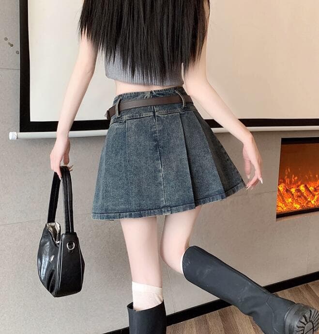 デニムスカート ハイウェストプリーツミニスカート
