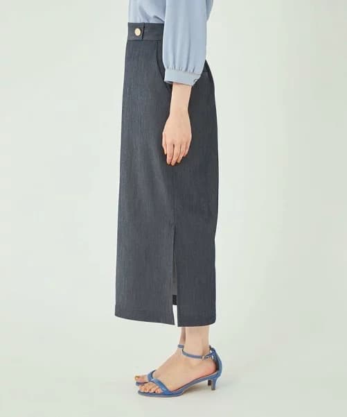 デニムスカート 上品シルエット ウエストボタン ミディ丈スカート