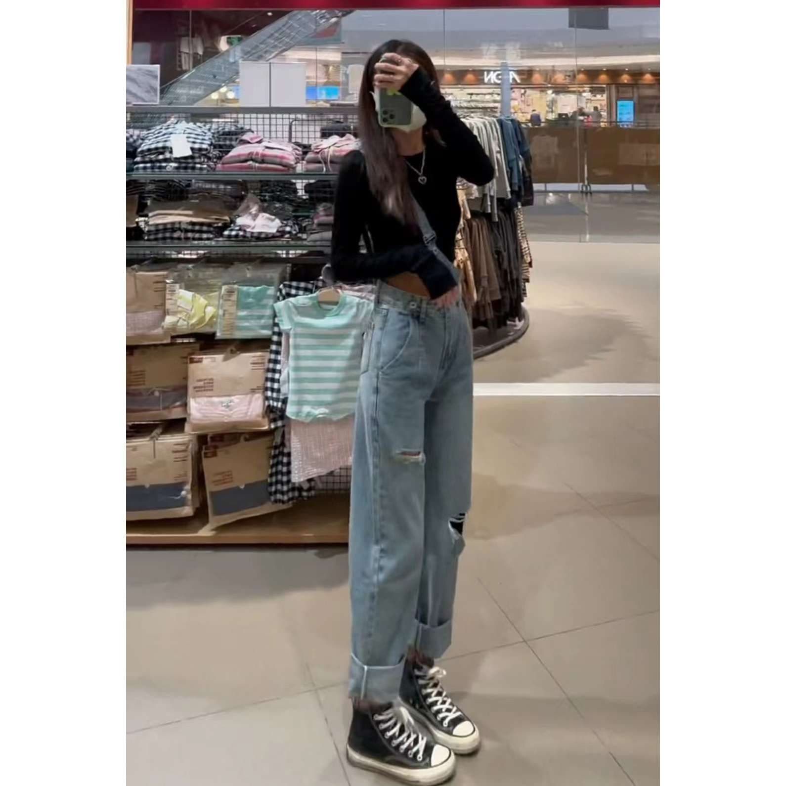 韓国スタイル ビンテージ風ダメージ加工デニムオーバーオール