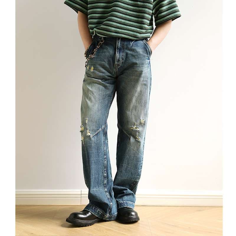 アメリカンスタイル ヴィンテージ風ダメージ加工ワイドデニム
