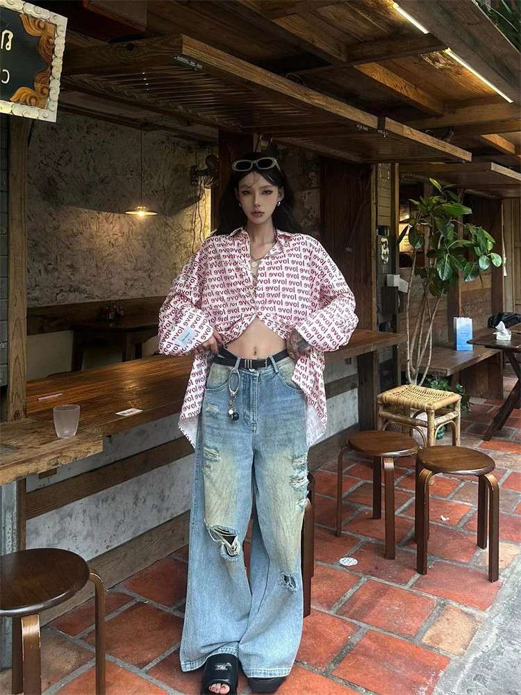 韓国スタイル 風ヴィンテージダメージワイドデニム