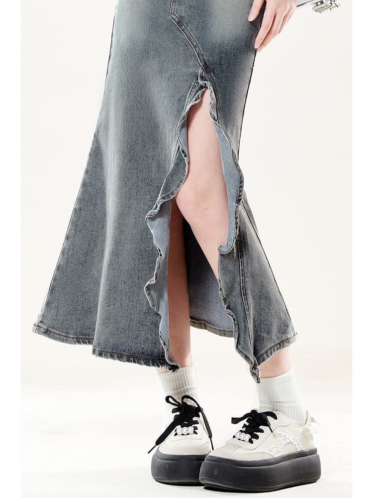 上品フリル サイドデザイン ロングデニムスカート