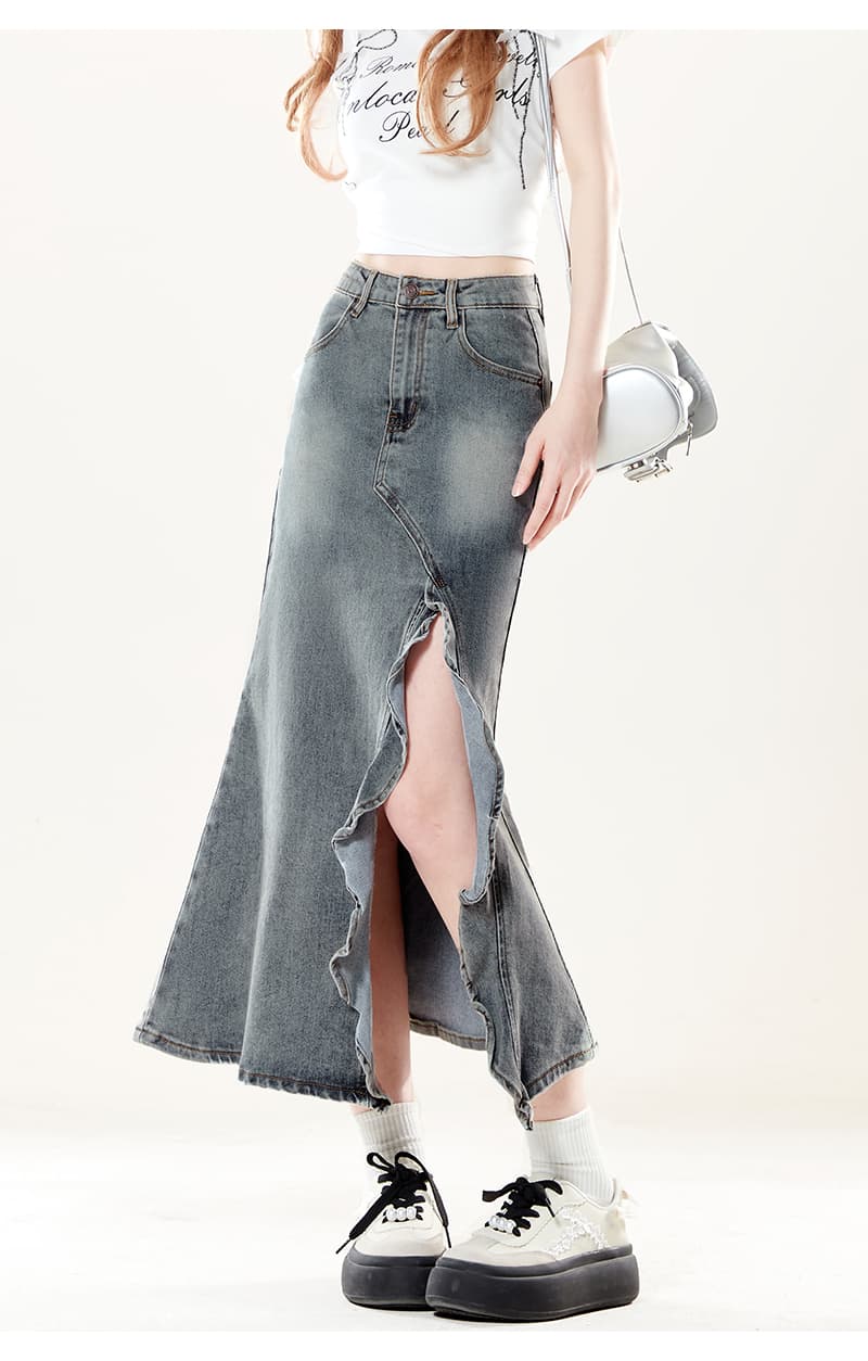 上品フリル サイドデザイン ロングデニムスカート