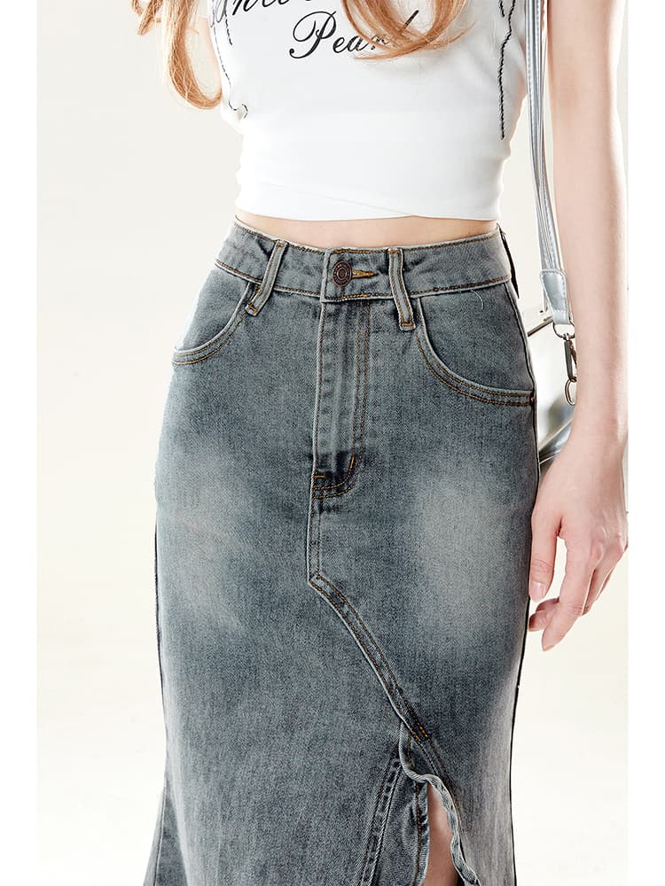 上品フリル サイドデザイン ロングデニムスカート