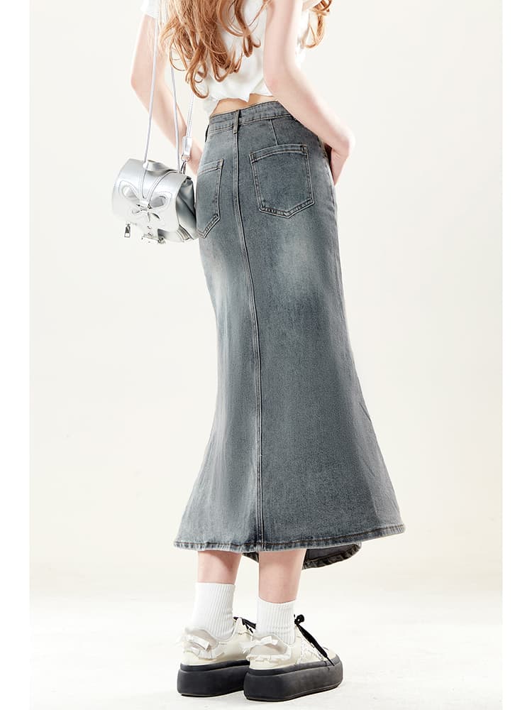 上品フリル サイドデザイン ロングデニムスカート