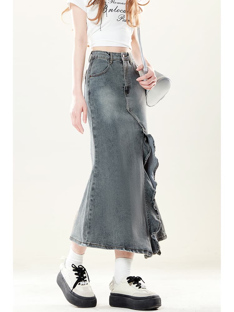 上品フリル サイドデザイン ロングデニムスカート