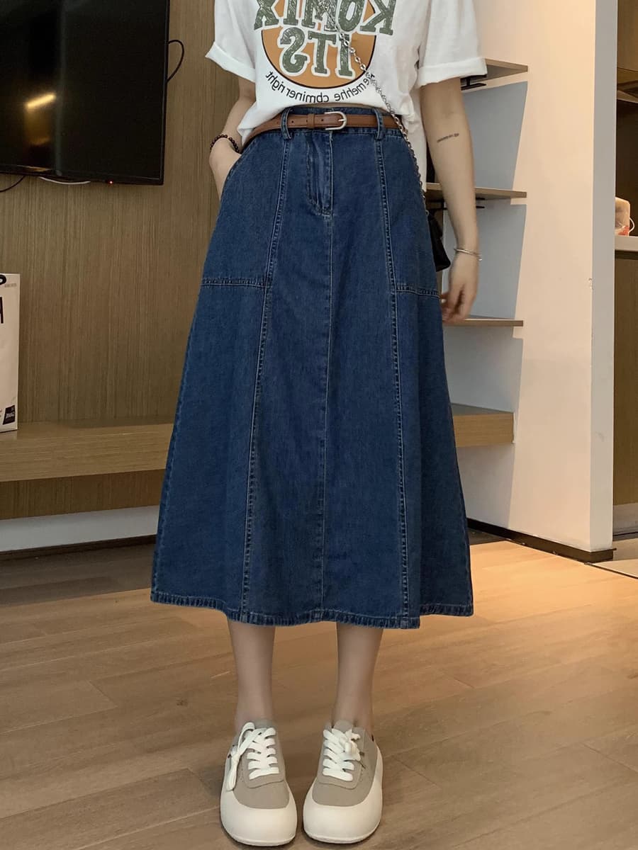 デニムスカート 上品な濃紺デニムロングフレアスカート