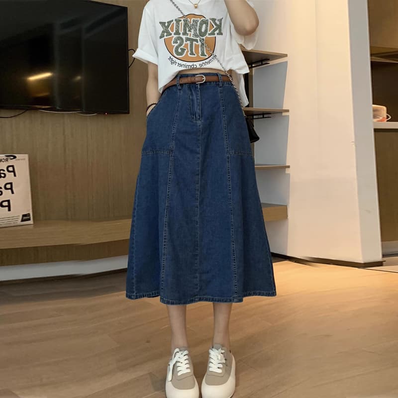 デニムスカート 上品な濃紺デニムロングフレアスカート