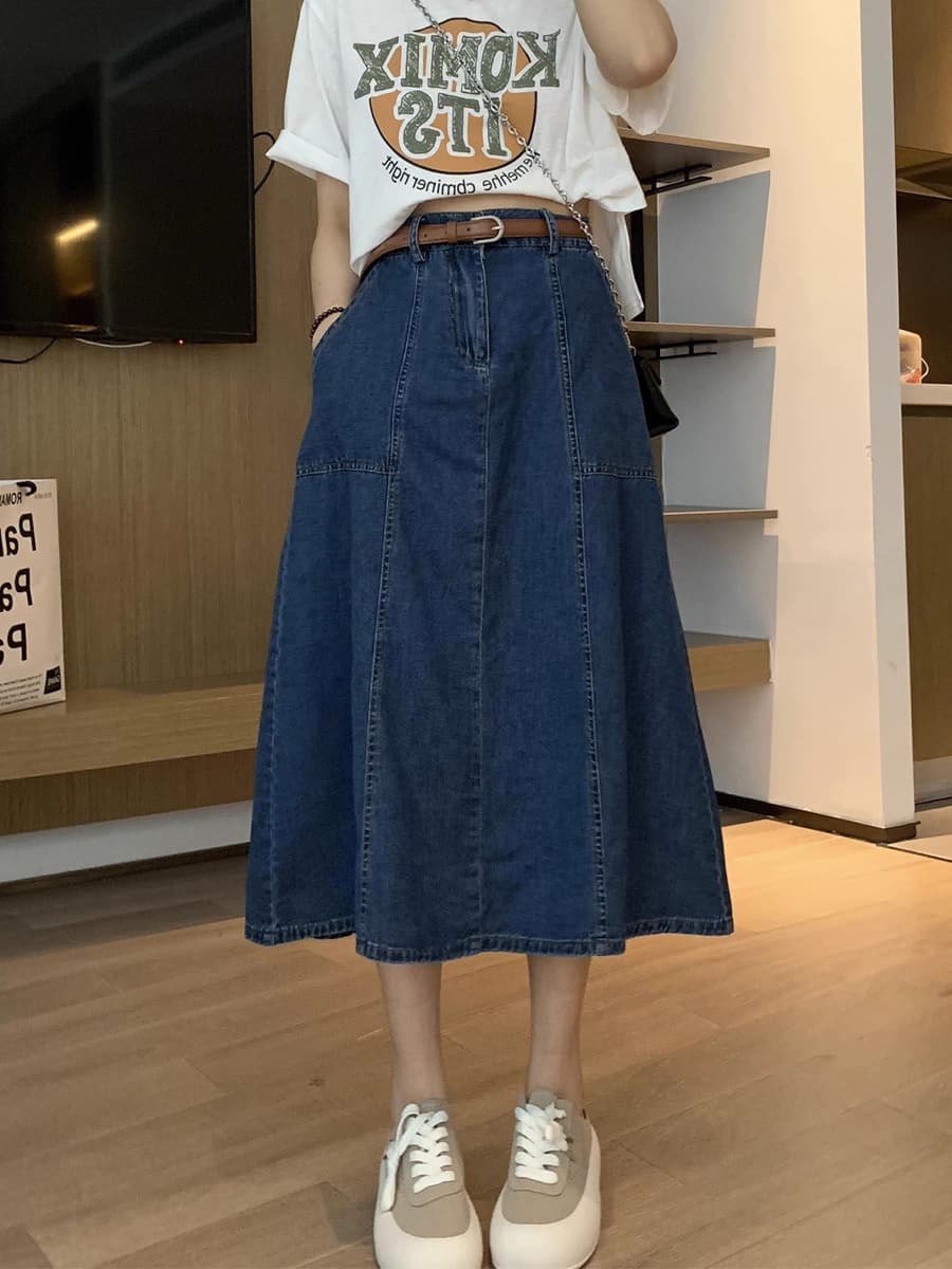 デニムスカート 上品な濃紺デニムロングフレアスカート