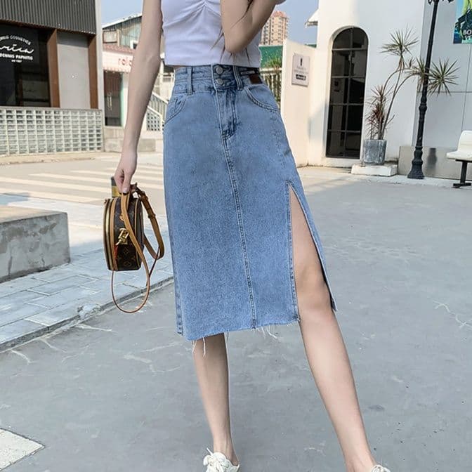 デニムスカート 縦ライン美脚スリットスカート