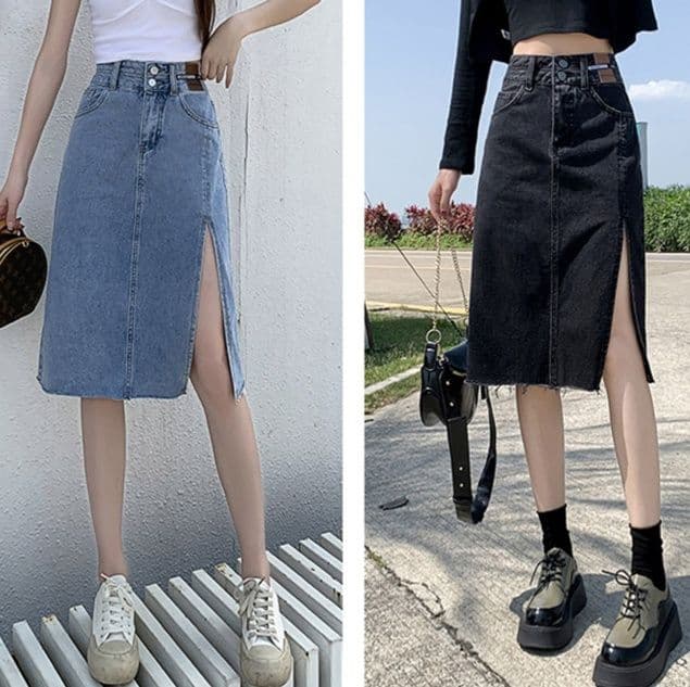 デニムスカート 縦ライン美脚スリットスカート