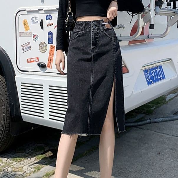 デニムスカート 縦ライン美脚スリットスカート
