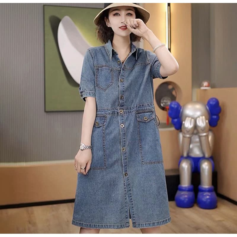 韓国スタイル エレガント花柄デニムシャツワンピース