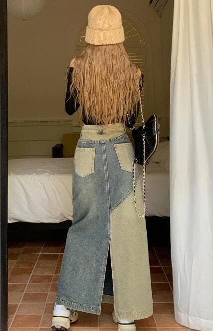 デニムスカート 秋新作デニムロングスカート二色展開