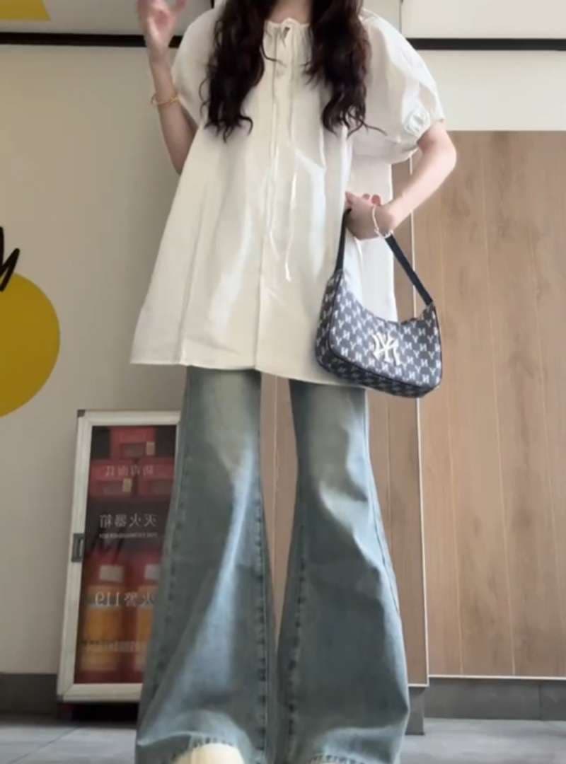 ストリートスタイル ゆったりワイドフレアデニムジーンズ