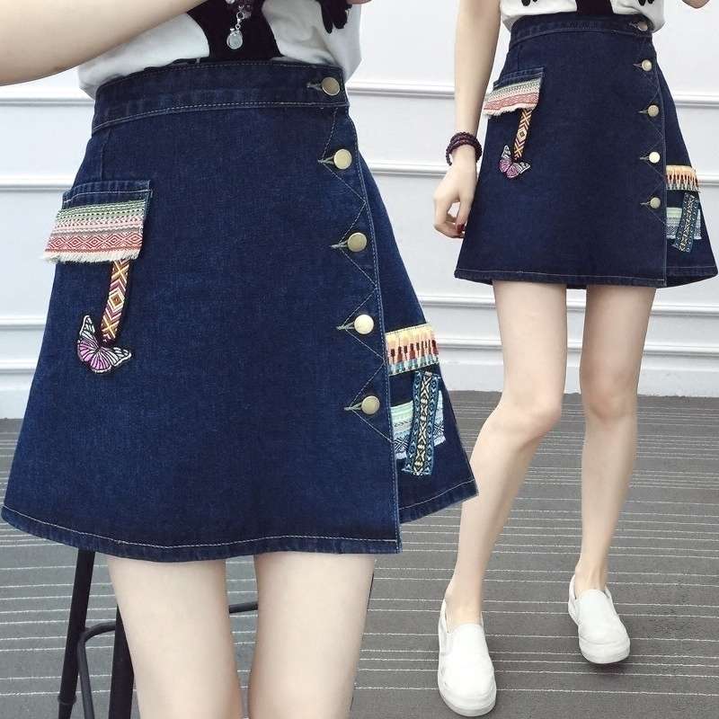 エスニック刺繍付きデニムラップスカート