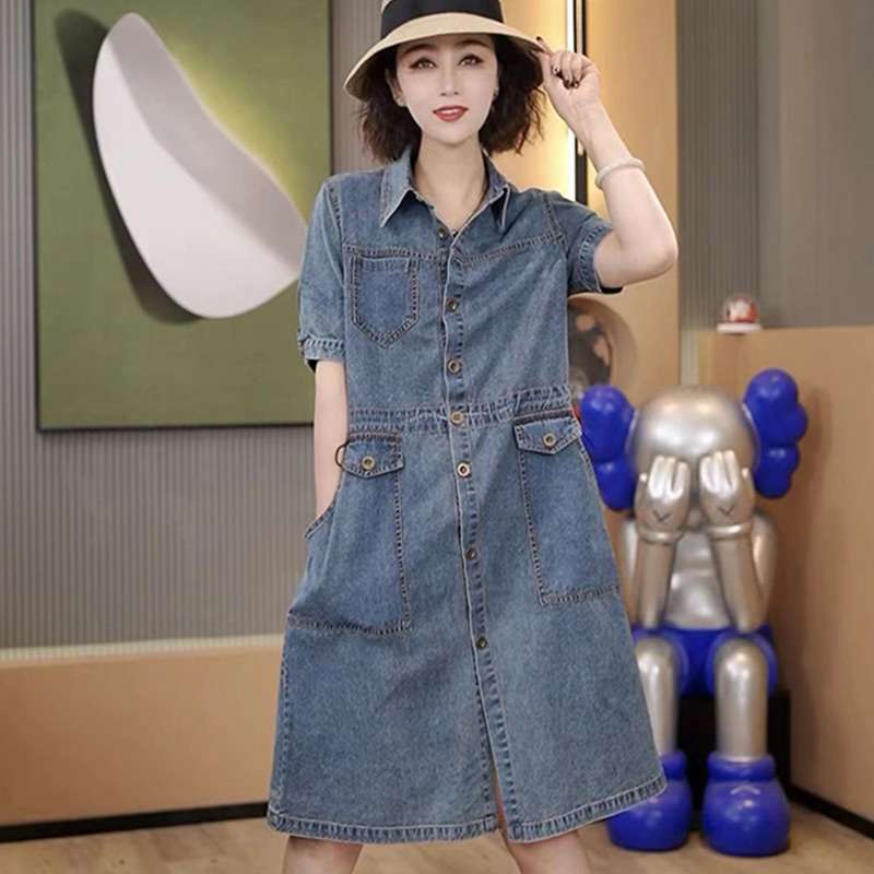 韓国スタイル エレガント花柄デニムシャツワンピース