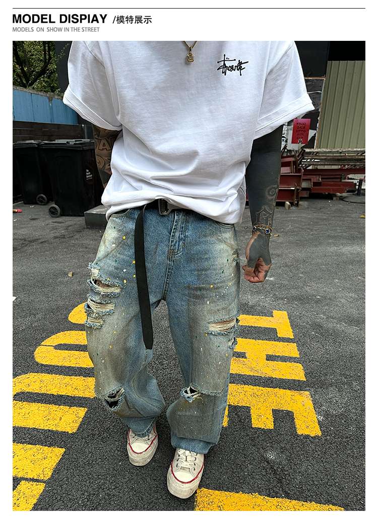 デニム ヴィンテージ風ダメージ加工ワイドジーンズ