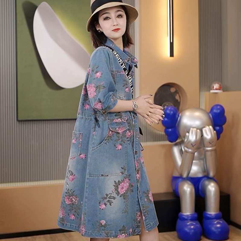 韓国スタイル エレガント花柄デニムシャツワンピース
