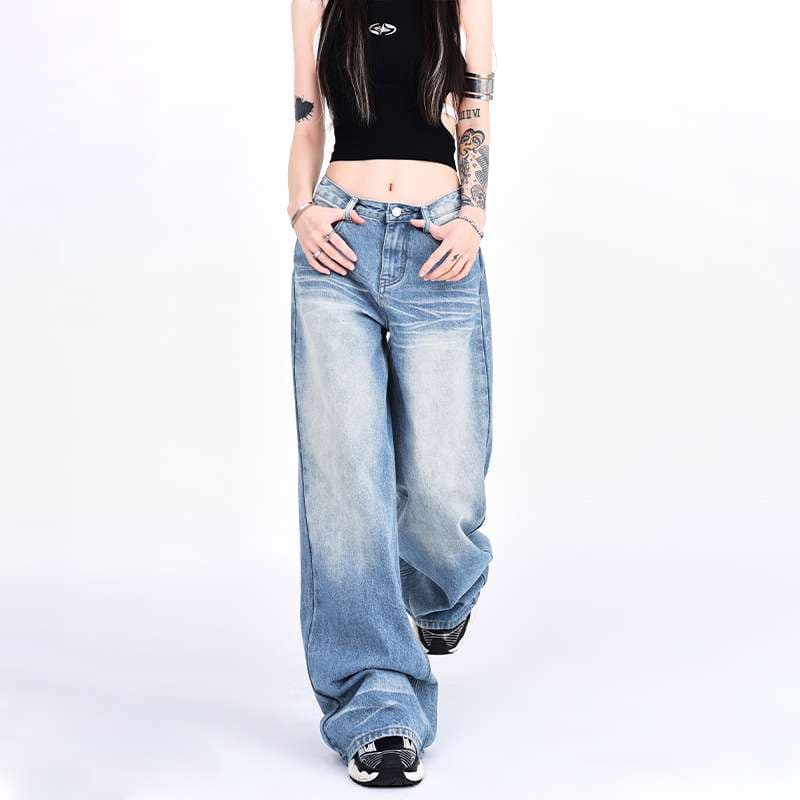 韓国スタイル ヴィンテージ風ワイドフレアデニムパンツ