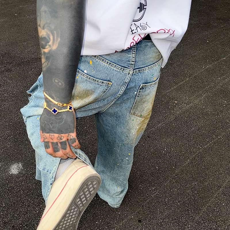 デニム ヴィンテージ風ダメージ加工ワイドジーンズ