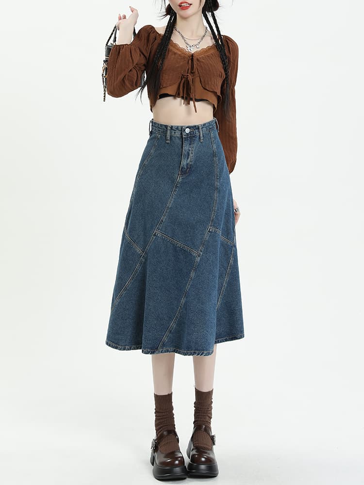 デニムスカート パネル切替えデニムミディ丈マーメイドスカート
